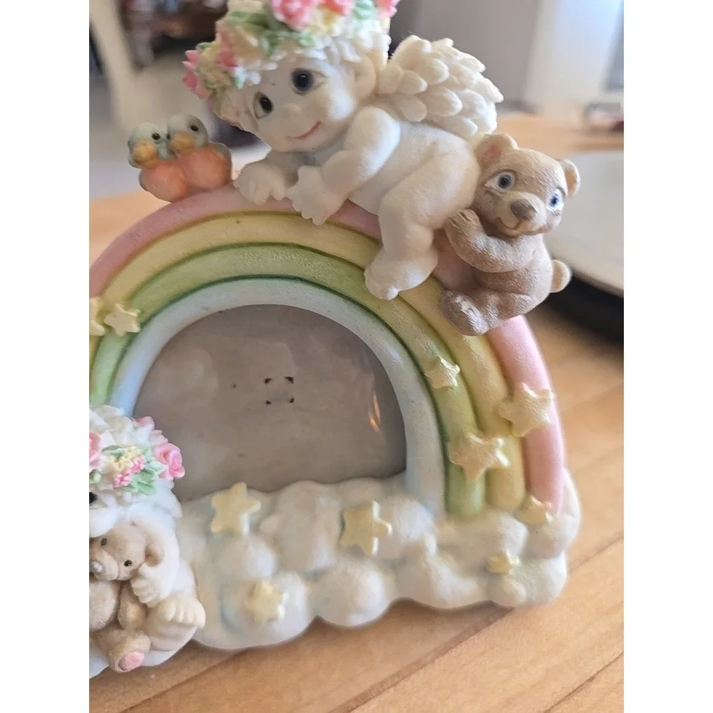 VTG Cherub Angel Rainbow Photo Frame Pastel‎ Resin Figurine Baby & Child Nursery